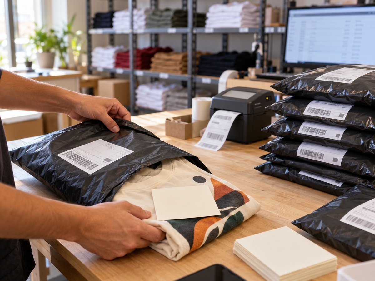 Mãos embalando uma camiseta estampada com um cartão em branco, ao lado de pacotes etiquetados em um estoque organizado